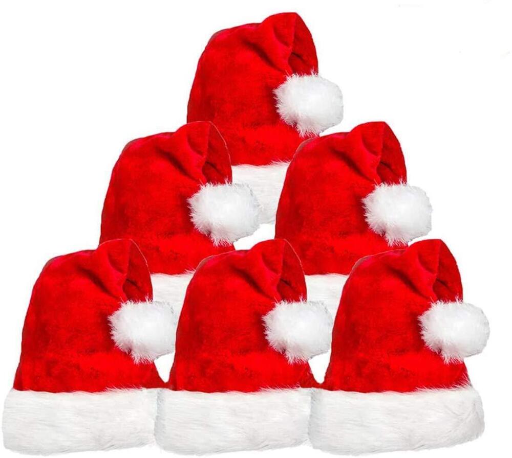 7200 6 Pack Plush Santa Hat, Traditional Red and White Plush Christmas